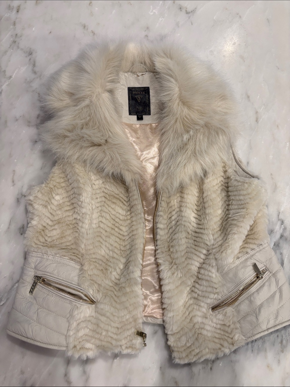 Guess Cream Faux Fur Hooded Teddy Jacket with Quilted Trim